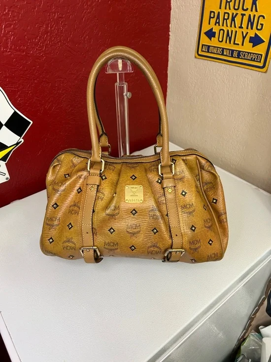 MCM Cognac Logo Visetos Barrel Satchel with Gold Plaque - Picture 1 of 14